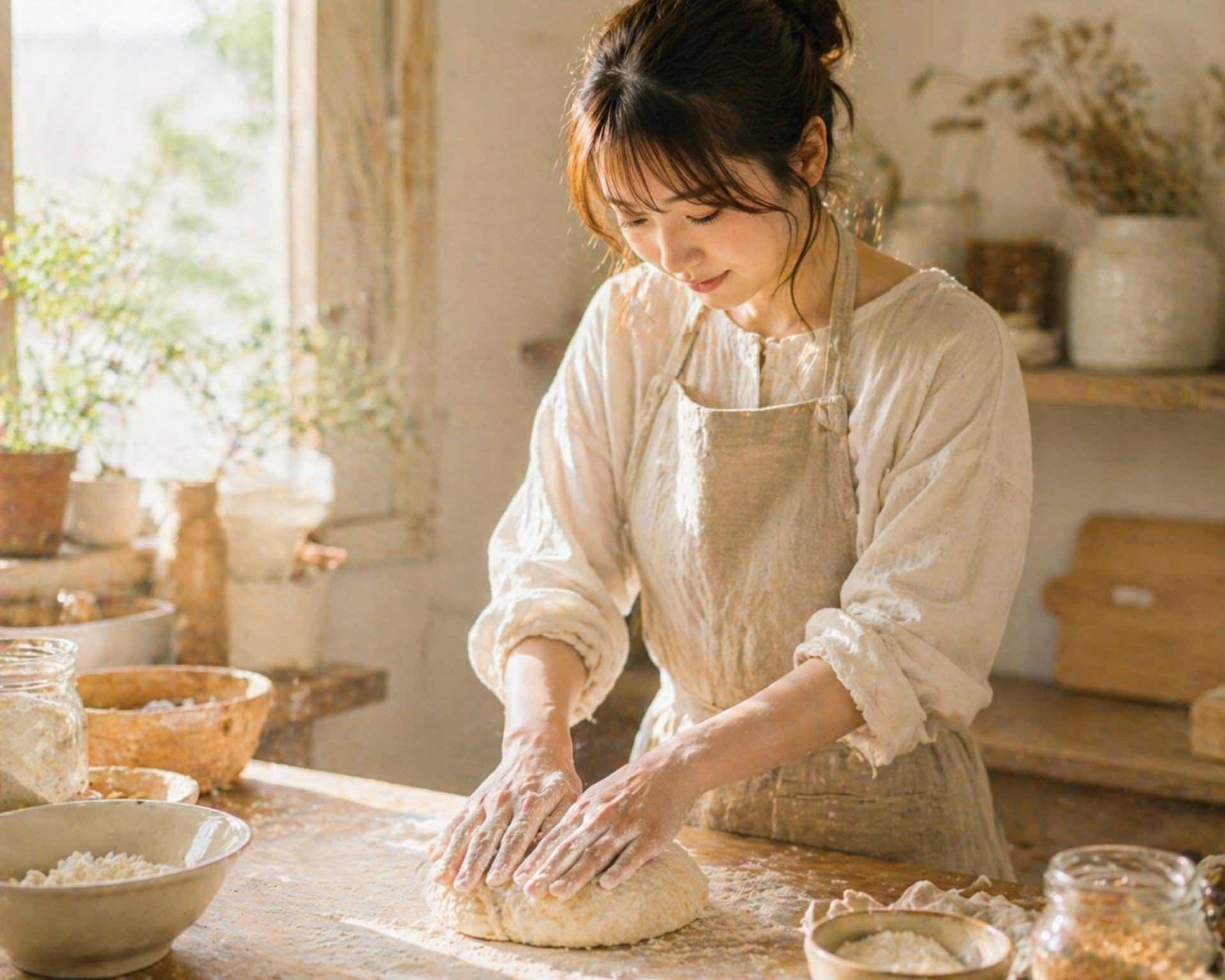 パン生地をこねるオーナー